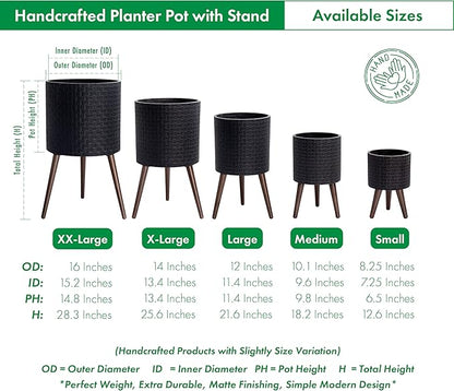 D'vine Dev 8 Inch Modern Geometric Tile Patterned Sleek Planter Pot with Stand, Indoor Outdoor Decorative Plant Holder, Distressed Black, 88-Z-A-5