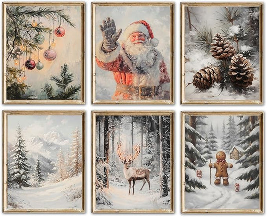 WINDVALE Christmas Wall Art Prints –Vintage Holiday Posters with Santa Claus, Reindeer, Rustic Winter Scene Wall Decor for Living Room, Bedroom, Fireplace & Entryway (8x10 Unframed)