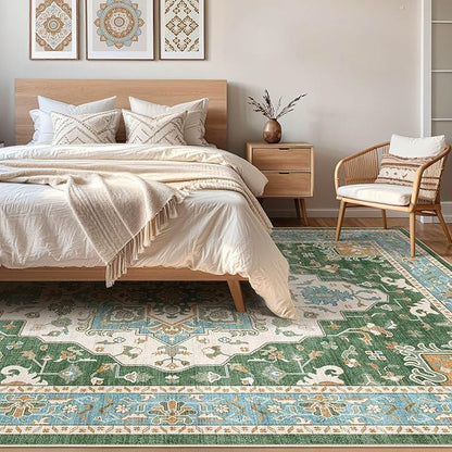 8x10 Area Rugs Living Room: Washable Boho Large Neutral Vintage Soft Rug Stain Resistant Farmhouse Non-Slip Indoor Floor Retro Carpet for Bedroom Nursery Kids Office Dining Room- Green Multi