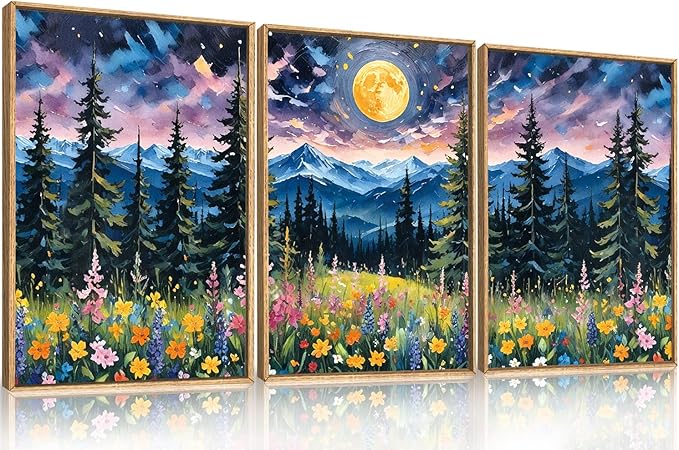 DRACIT Vintage Colorful Mystical Forest Moon Framed Canvas Wall Art Set,Dreamy Moonlit Nature Wilderness Wall Decor,Abstract Midnight Mountain Wildflowers Pine Tree Landscape Artwork for Living Room-24"x36"x3