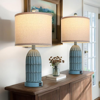 Cinkeda Coastal Table Bedside Lamps Set of 2, Farmhouse 3-Way Dimmable Touch Nightstand Lamp with 2 USB Charging Ports, Vintage Bedside Lamp for Bedroom Living Room End Table Retro Blue