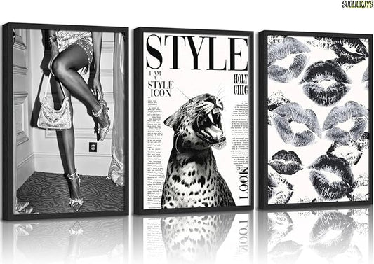 3Pcs Trendy Black and White Leopard Canvas Wall Art Vintage Newspeper Cheetah Wall Decor Fashion Girl Poster Heels Lips Picture Luxury Feminist Painting Print Poster Artwork for Apartment Dorm 24x16in Unframe