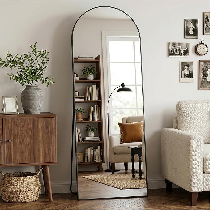 Arched Full Length Mirror 58 x 18 Inch, Full Body Mirror with Stand, Standing Hanging or Leaning Against Wall, Metal Frame Floor Mirror for Bedroom, Living Room, Cloakroom,Black