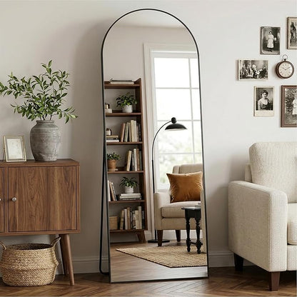 Arched Full Length Mirror 58 x 18 Inch, Full Body Mirror with Stand, Standing Hanging or Leaning Against Wall, Metal Frame Floor Mirror for Bedroom, Living Room, Cloakroom,Black