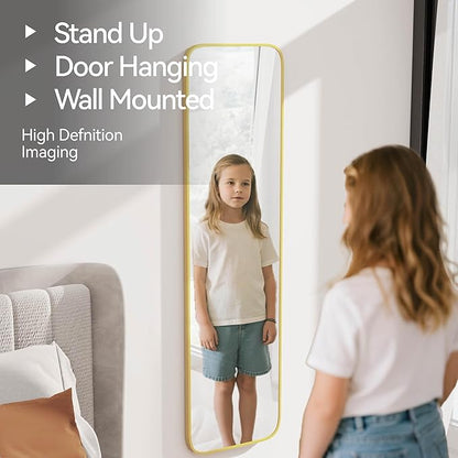 SCWF-GZ 57x16 Door Hanging Full Length Mirror, Floor Stand (Height 5.7ft just Body in1.3ft) Wall Mounted Metal Frame Rectangle Dressing Mirrors for Bedroom Bathroom Room 57 inch Gold