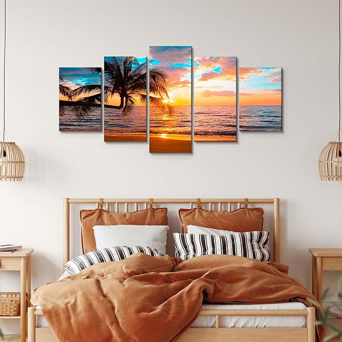 Abstract Ocean Photo Painting Poster Printed Abstract Landscape Blue Sky Screen Beautiful Ocean Beach Wall Art Canvas Print Framed Picture Painting for Room Home Decorations (C-5pcs,80"x40")