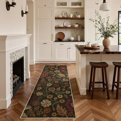 GENIMO 2X6 Washable Runner Rug for Hallway, Vintage Floral Print Non-Slip Low Pile Carpet, Stain Resistant Soft Chenille Rug for Entryway Kitchen Corridor, Floral Brown