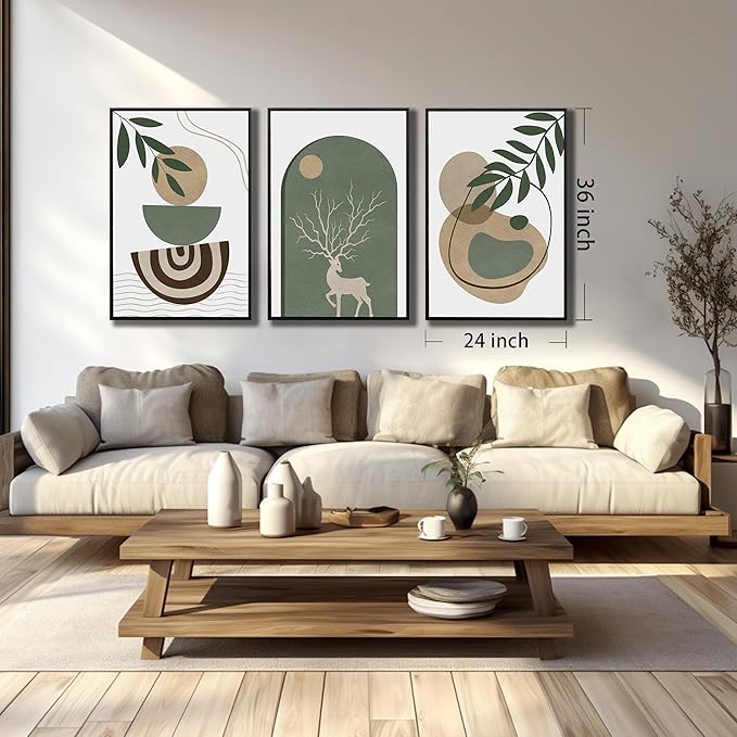 Framed Sage Green Boho Wall Art Set of 3, Minimalist Abstract Geometric Deer & Plant Illustrations, Bohemian Pictures Print Artwork Painting Wall Decor for Living Room Bedroom Home Decoration 24"x36"