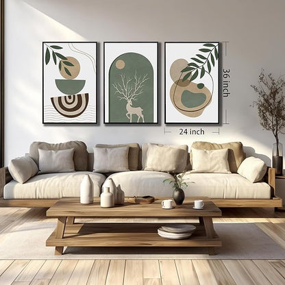 Framed Sage Green Boho Wall Art Set of 3, Minimalist Abstract Geometric Deer & Plant Illustrations, Bohemian Pictures Print Artwork Painting Wall Decor for Living Room Bedroom Home Decoration 24"x36"