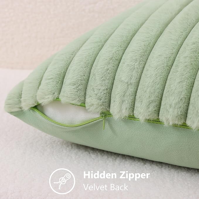 decorUhome Summer Cozy Faux Fur Throw Pillow Covers 26x26 Set of 2 Decorative Plush Striped Modern Farmhouse Boho Couch Euro Sham Pillow Cases with Velvet Back for Sofa Bed Living Room, Sage Green