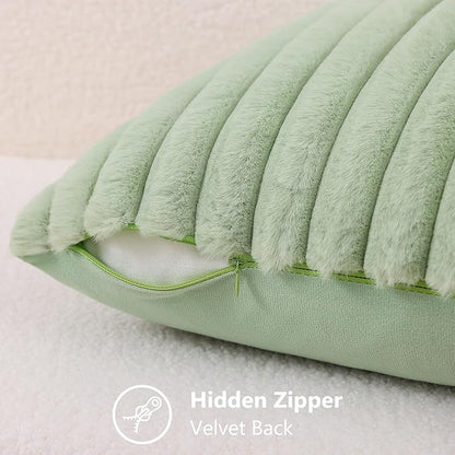 decorUhome Summer Cozy Faux Fur Throw Pillow Covers 16x16 Set of 2 Decorative Soft Plush Striped Modern Farmhouse Boho Couch Pillow Cases with Velvet Back for Sofa Bed Living Room, Sage Green