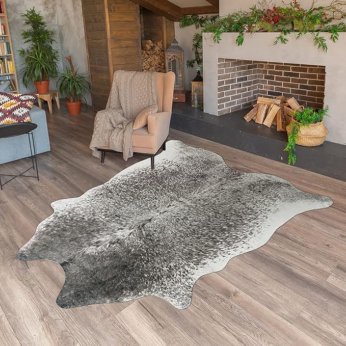 Cowhide Rug for Living Room, Washable Cow Hide Rug, Small Faux Animal Skin Rugs, Non-Slip Cow Print Area Rugs， 3x4Ft Cowhide Rugs for Bedroom Office Kitchen Entryway， Grey