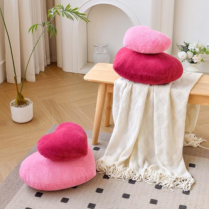 XVTRU Rose Red Heart Pillows, Cute Heart Decorative Pillow, Heart Shaped Throw Pillows for Bed, Faux Rabbit Fur Plush Hoom Decor Pillow Cushion for Chair Sofa Living Room (Large-19.6"x15.7")