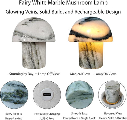 Handcrafted Natural Stone Mushroom Lamp - Rechargeable Bedside LED Night Light with Type-C Port, Unique Marble Table Lamp for Modern Interiors