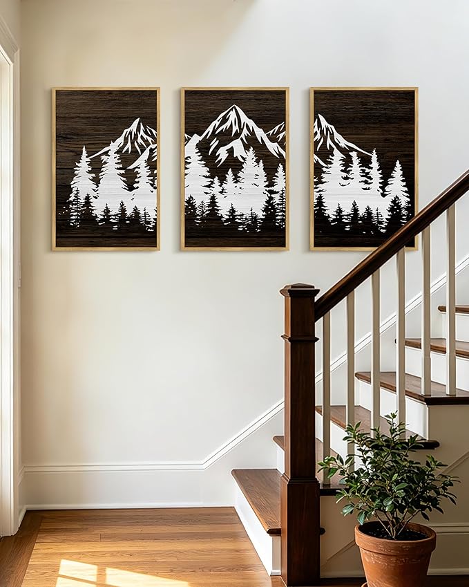 PHOPAGO Mountains Tree Framed Wall Art Large 16x24in Boho Forest Nature Landscape Artwork Paints Morden Country Woodcut Wood Wall Decor Rustic Home Decor - Natural Framed