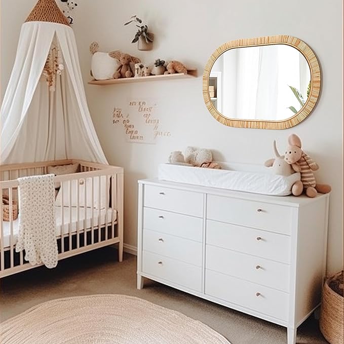 Barnyard Designs Oval Rattan Wall Mirror, Natural Tan Woven Rattan Frame, Indoor Decorative Mirror for Bedroom Living Room Entryway (20" x 30", Oval)