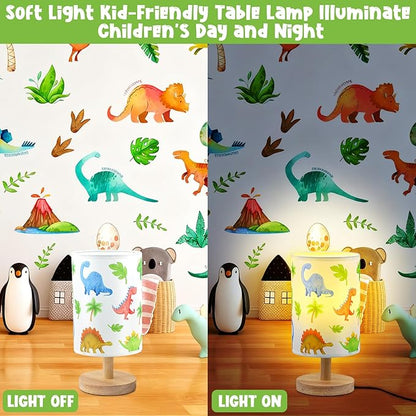Dinosaur Table Lamp for Kids Bedroom - Cartoon Dinosaur Bedside Lamp with Linen Lampshade Wooden Stand Night Light for Boys Bedroom Living Room Nursery Room Decor Dino Gifts for Boys
