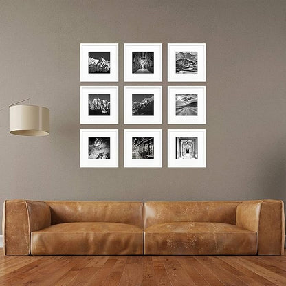 Hongkee 8x8 Picture Frames with Real Glass, White Wooden Square Photo frame Set of 3, Displays 4x4 Picture With Mat or 8x8 Without Mat, Desktop & Wall Collage Frame set