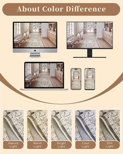 Madane Hallway Runner Rug 3x16 - Vintage Non Slip Washable 16ft Kitchen Runner for Entrance Soft Long Carpet Runners for Living Room Bathroom Low Pile Floor Mat for Bedroom Dining Room, Ivory/Brown