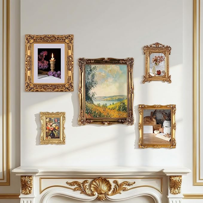 Wonderjune 5 Pcs Large Vintage Picture Frames Set with Glass Front Antique Gold Gallery Wall Frames 11x14, 8x10, 7x9, 4x6, Baroque for Home Decor Photography Props Gifts, Wall or Tabletop