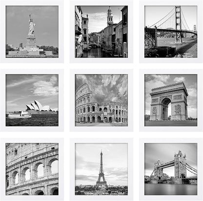eletecpro 8x8 Picture Frames Set of 9 with Mat for 4x4 Photos or without Mat for 8x8, Square Gallery Wall Decor Collage for Picture Display, White Frame Set for Wall Hanging