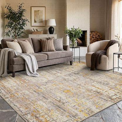 Rugxara 6x9 Washable Area Rug for Living Room, Modern Abstract Large Boho Rugs for Office, Dining Room, Kids Room, Farmhouse, Durable Low Pile Non Slip Carpet for High Traffic Areas, Gold Beige
