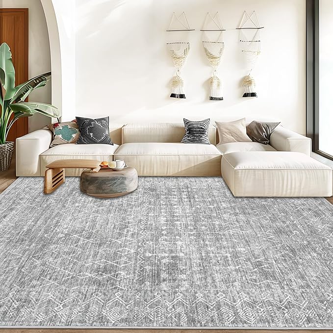 Area Rug Living Room Rugs 8x10 - Large Soft Boho Geometric Rug, Non-Slip Foldable Washable Rugs Non Shedding Morden Indoor Floor Carpet for Living Bedroom Office Dining Room (Moroccan Grey, 8'x10')