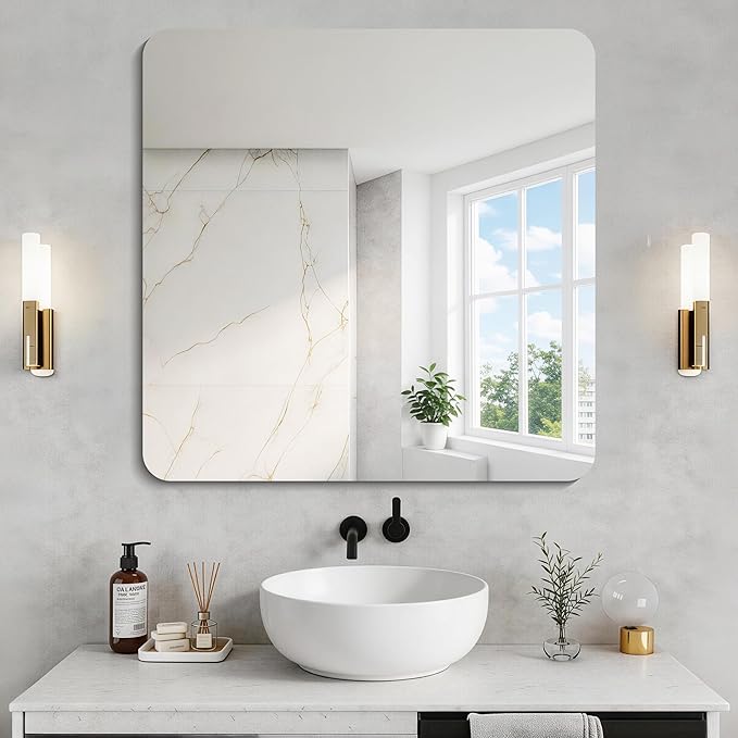 CILIBER Frameless Mirror, 30x30 Square Bathroom Mirrors for Wall Rounded Corner, Frameless Vanity Mirror Over Sink with Polished Edge, 3mm Tempered Glass, Decorative for Bedroom, Living Room, Entryway