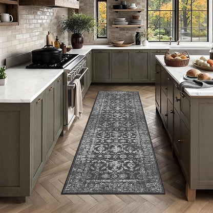 Washable Area Rug 2x6 Black Runner Rugs for Living Room, Vintage Boho Hallway Large Rug for Bedroom Dining Room Office, Distressed Floral Carpet for Under Table, Soft Non Slip Low Pile Throw Carpet