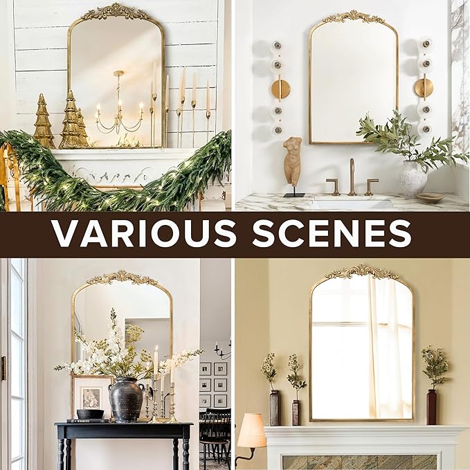 PERFNIQUE Vintage Mirror, 35" X 24" Arched Antique Baroque Wall Mirror, Gold Traditional Wall Decor, Ornate Decor Anthro Look Alike Furniture for Bathroom Living Room Fireplace Entryway Hallway