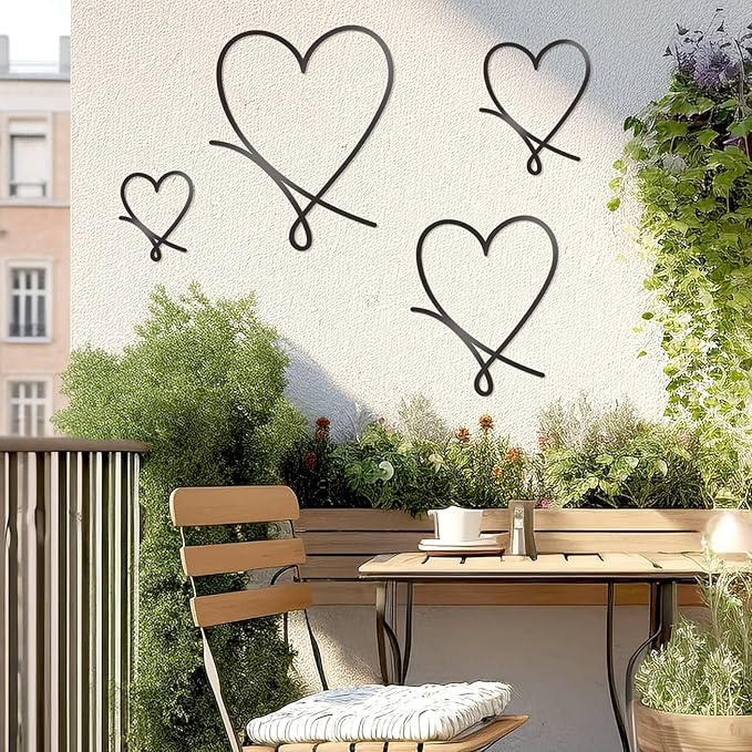KOYILTD 4 Pcs Metal Heart Wall Art for Bedroom Modern Love Heart Wall Decor Metal Wall Decoration above Bed for Living Room Bathroom Office Wedding (Black, Romantic)