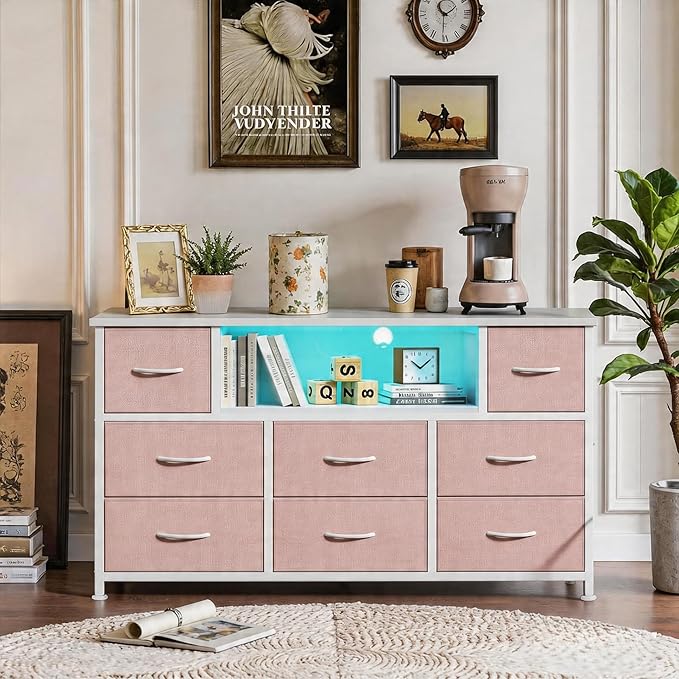 Simple Deluxe TV Stand Dresser with 8 Fabric Drawers and Open Shelves, Entertainment Center with LED Lights & Charging Station, Wood Top for 45" -55" TV, for Bedroom/Living Room/Hallway, Pink