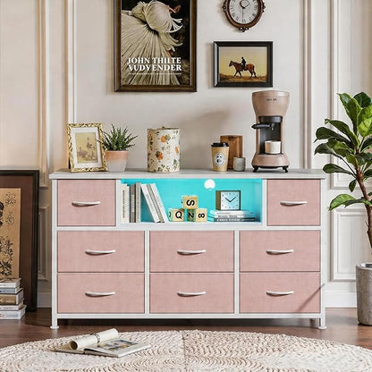 Simple Deluxe TV Stand Dresser with 8 Fabric Drawers and Open Shelves, Entertainment Center with LED Lights & Charging Station, Wood Top for 45" -55" TV, for Bedroom/Living Room/Hallway, Pink