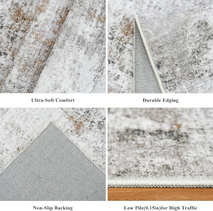 4x6 Washable Entryway Rug – Non-Slip Low-Pile Small Area Rug for Kitchen Bedroom Living Room Office – Modern Abstract Neutral Throw Carpet with Rubber Backing (Beige, Grey)