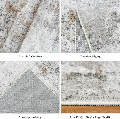 12x18 ft Extra Large Living Room Rug Washable Modern Abstract Neutral Oversize Rugs for Bedroom, Dining Room, Family Room Non-Slip Low-Pile Thin Stain-Resistant Carpet in Beige Grey