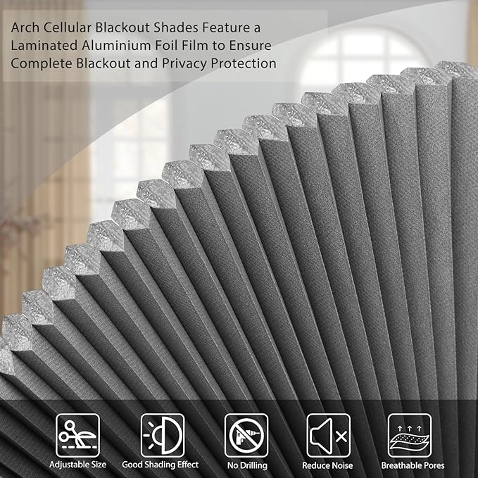 Arch Window Shade Blackout Cellular Shades Half Circle Moon Window Covering No Drill Honeycomb Cordless Blinds for Indoor Window Room Darkening Easy Install Light Blocking Blinds (1, Grey, 72x36inch)