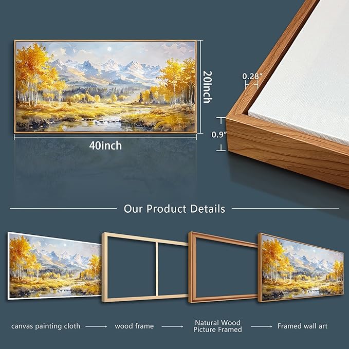 ZUITINGHUA Wood Framed Canvas Wall Art For Living Room Wall Decor For Bedroom Office Wall Decorations Yellow Tree Landscape Paintings Mountain Pictures Artwork Room Aesthetic Home Decor 20x40 In