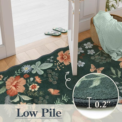 Lahome Floral Hallway Runner, 2X6 Washable Runner Rug Non-Slip, Ultra-Thin Soft Stain Resistant Boho Low-Pile Carpet for ‎Kitchen Laundry Bathroom Bedroom Flore, Dark Green
