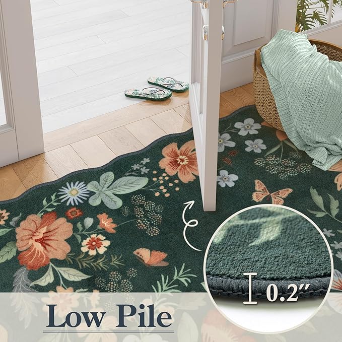 Lahome Floral Machine Washable Rug, 3x5 Rug Non Slip Soft Bedroom Rugs for Entryway Dorm, Ultra-Thin Boho Rugs for Living Room Throw Carpet for Nursery Entrance Flore, Dark Green