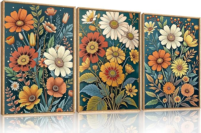 HOURIA Spring Boho Vintage Floral Framed Canvas Wall Art Set,Nordic Retro Colorful Wildflower & Green Leaves Wall Decor,Abstract Vibrant Bouquet Botanical Artwork for Living Room, Bedroom,Farmhouse-16"x24"x3