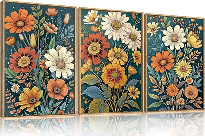 HOURIA Spring Boho Vintage Floral Framed Canvas Wall Art Set,Nordic Retro Colorful Wildflower & Green Leaves Wall Decor,Abstract Vibrant Bouquet Botanical Artwork for Living Room, Bedroom,Farmhouse-24"x36"x3