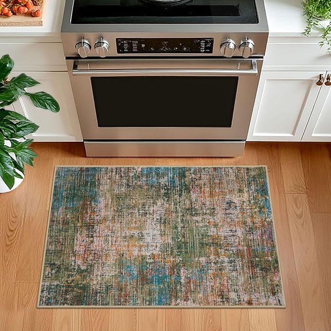 KILOCOCO Abstract Small Area Rug 2x3 Entryway Rug Washable Kitchen Rugs Door Mat Indoor Entrance Soft Pinted Non Slip Throw Rugs for Front Door Foyer Farmhouse Floor Mats, Green/Orange/Blue
