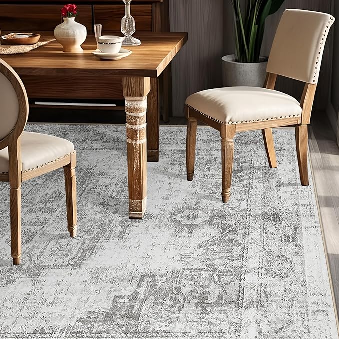 Area Rug 5x7 Vintage Rugs: Washable Indoor Medallion Rug Low Pile Distressed Floor Carpet Retro Accent Rugs for Living Room Bedroom Kitchen Dining Table Home Office(Grey, 5'x7')