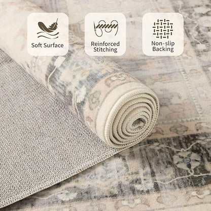 Rugxara 5X7 Washable Area Rug for Living Room, Vintage Large Boho Rugs for Office, Dining Room, Kids Room, Farmhouse, Durable Low Pile Non Slip Carpet for High Traffic Areas, Brown