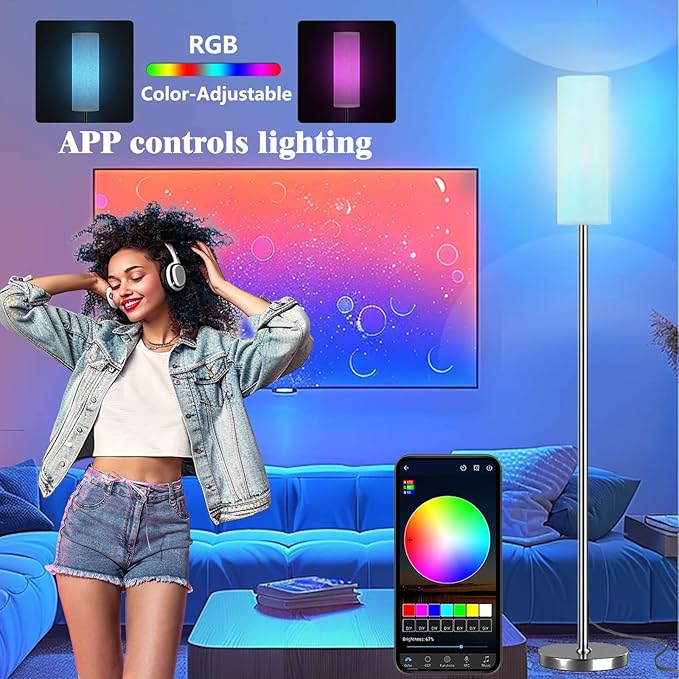 Qaubauyt Smart LED Floor Lamp with APP Control & RGB Colors - Dimmable Standing Lamp for Living Room, Bedroom, Gaming - Remote, Timer, 9W Bulb Included, 67" Modern Tall Lamp (Silver Beige)