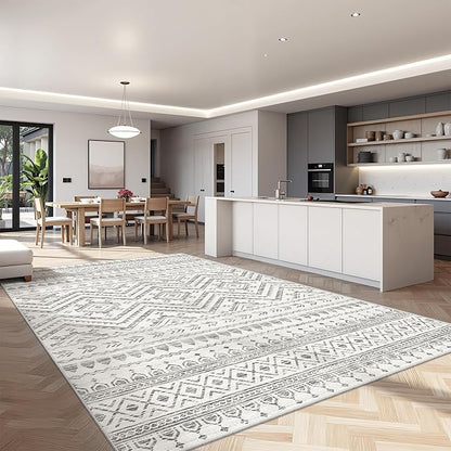 Miukiki 7x9 Area Rug for Living Room Moroccan Washable Rugs Non Slip Indoor Floor Carpet Foldable Large Soft Area Rug for Dining Room Bedroom with Low Pile(Grey,7'x9')
