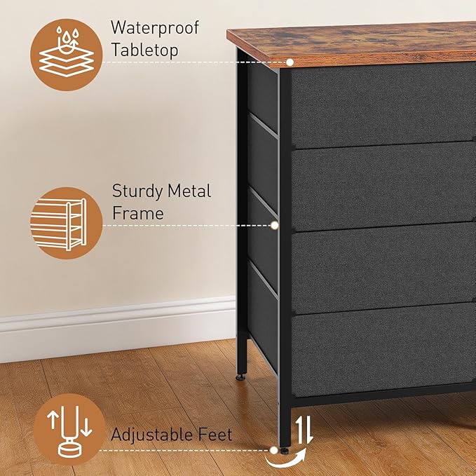 RALGEND Farmhouse TV Stand for 40/50/55 Inch TV, Small Entertainment Center with Storage Cabinets, Power Outlet & LED Light, Media Console Table with 8 Drawers for Living Room, Rustic Brown