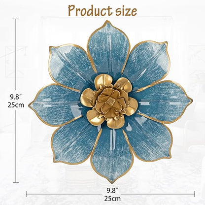 10" Metal Flowers Wall Decor, Blue & Gold 3D Floral Metal Wall Art Decor for Inoor & Outdoor Use, Vintage & Modern Walls Arts for Bathroom, Living Room, Bedroom, Office, Garden, Patio, Porch, 1 Piece