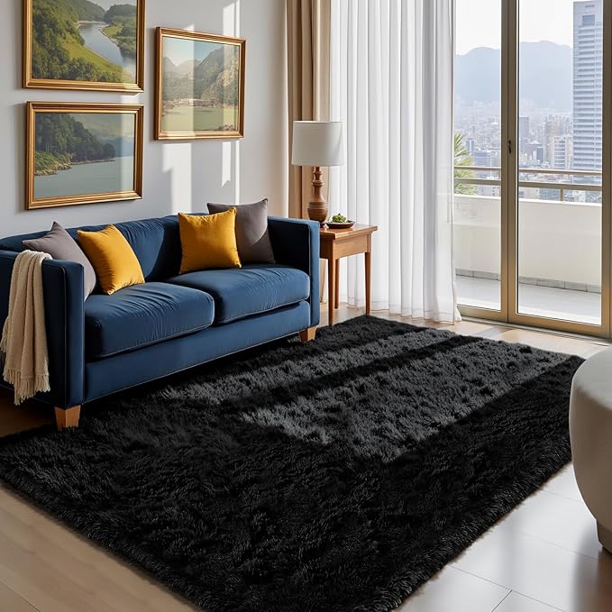 Fluffy Rug Shag Area Rug, Black 4x6 Area Rugs for Bedroom, Small Bedside Rug, Soft Fluffy Shag Entryway Throw Rugs for Living Room Bedroom Kids Room Home Decor