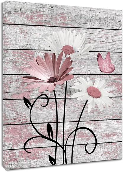 HVEST Vintage Floral Canvas Wall Art Pink and White Daisy Butterfly on Farmhouse Wooden Wall Decor for Bedroom, Country Wildflower Framed Wall Art for Living Room Office Home Decor,20L X 16W inches